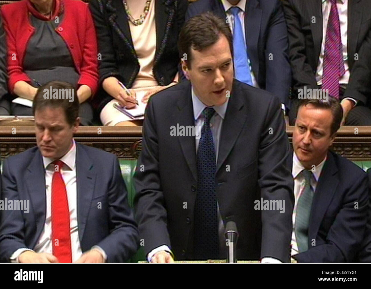 Schatzkanzler George Osborne übergibt seine Haushaltserklärung dem britischen Unterhaus, London. Stockfoto