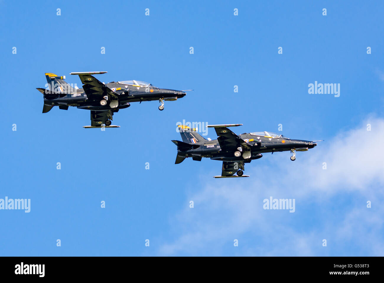 North Berwick, Hawk T2 parallelen Flug Rolle Demo auf der jährlichen Schottlands nationale Airshow in East Fortune, East Lothian, Schottland, Vereinigtes Königreich Stockfoto