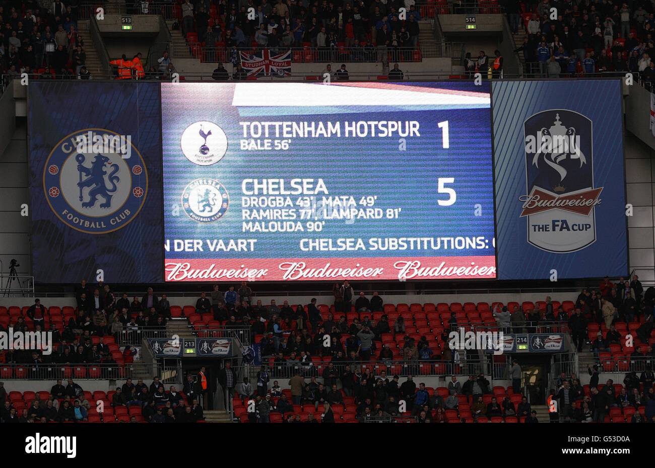 Die riesige Anzeigetafel zeigt Tottenham Hotspur 1 Chelsea 5 Stockfoto