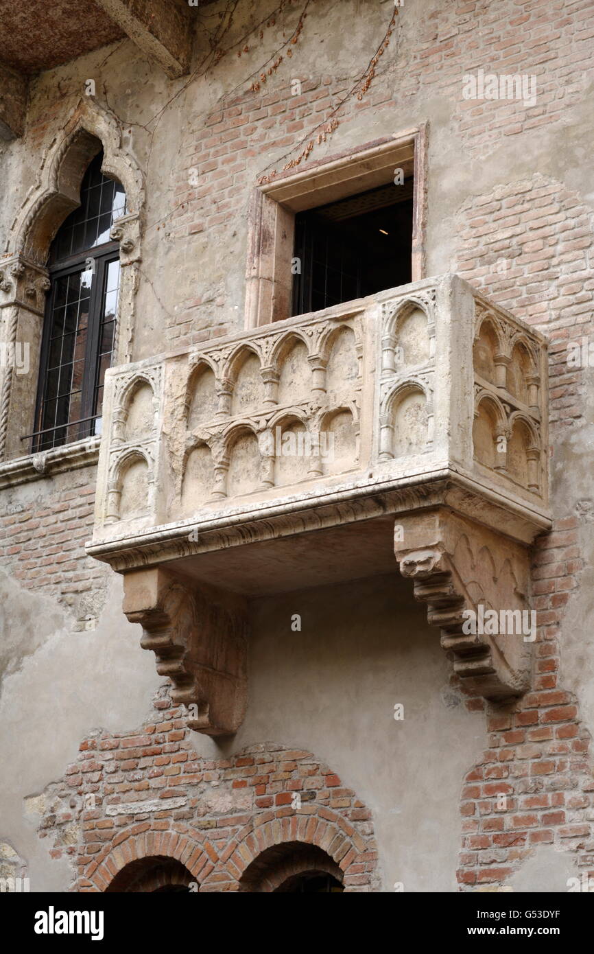 Julias Balkon, Julias Elternhaus, Romeo und Julia, ein Drama von William Shakespeare, Verona, Venetien, Italien Stockfoto