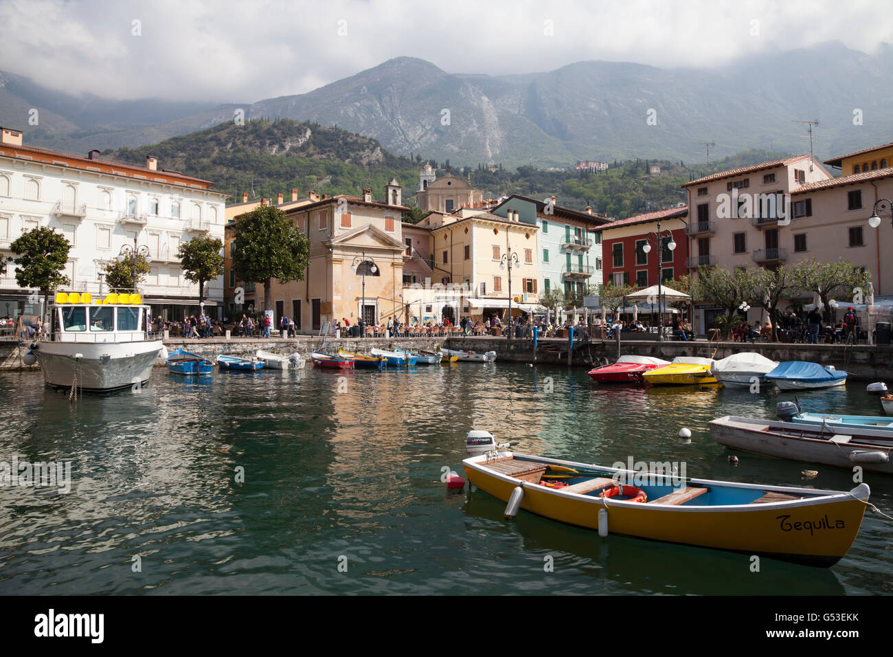 Blick über den Hafen in Richtung Stadt, Malcesine, Gardasee, Veneto, Italien, Europa, PublicGround Stockfoto