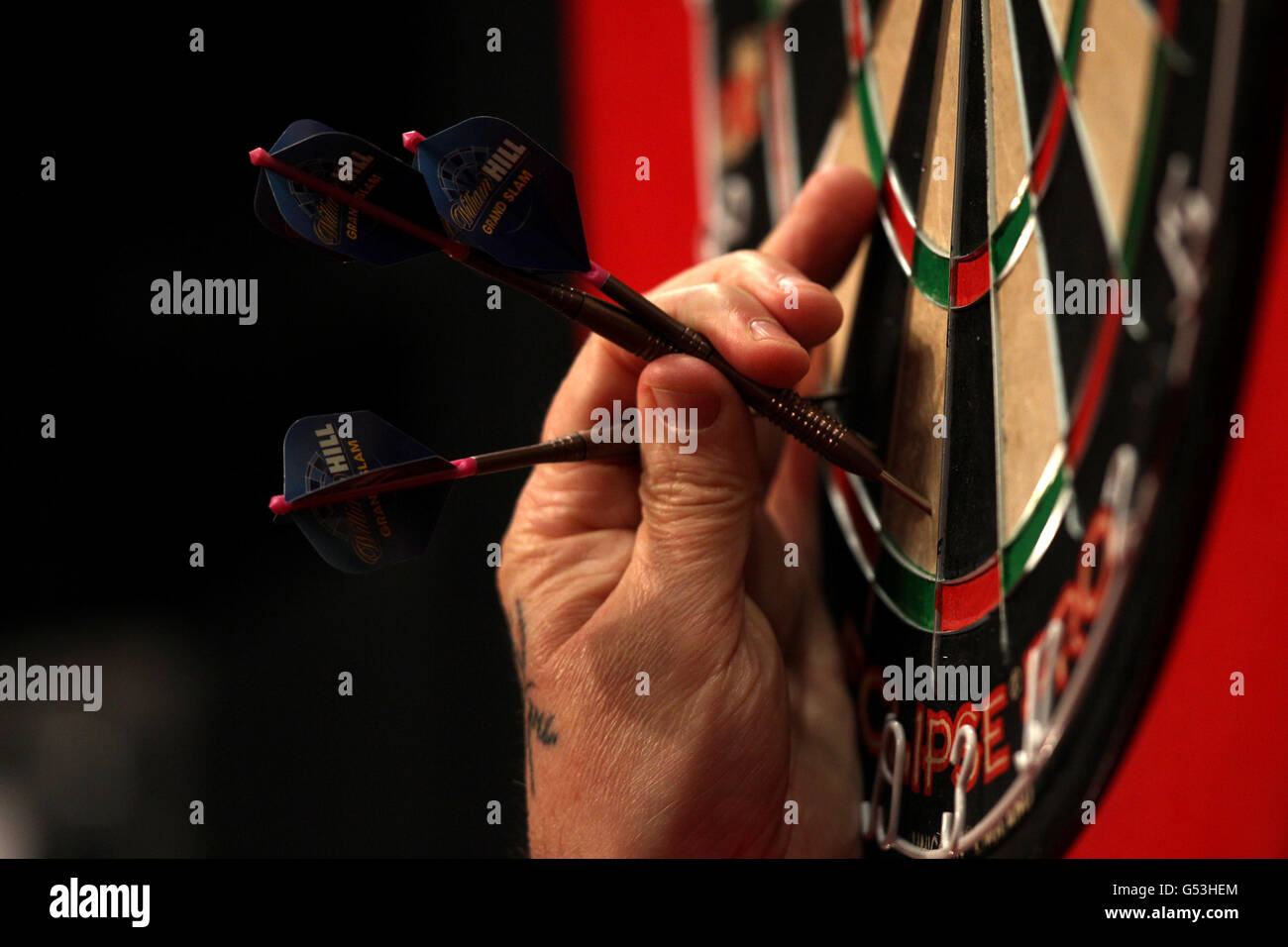 Darts - McCoys Premier League Darts - Capital FM Arena. Darts mit William Hill-Flügen im Vorstand Stockfoto