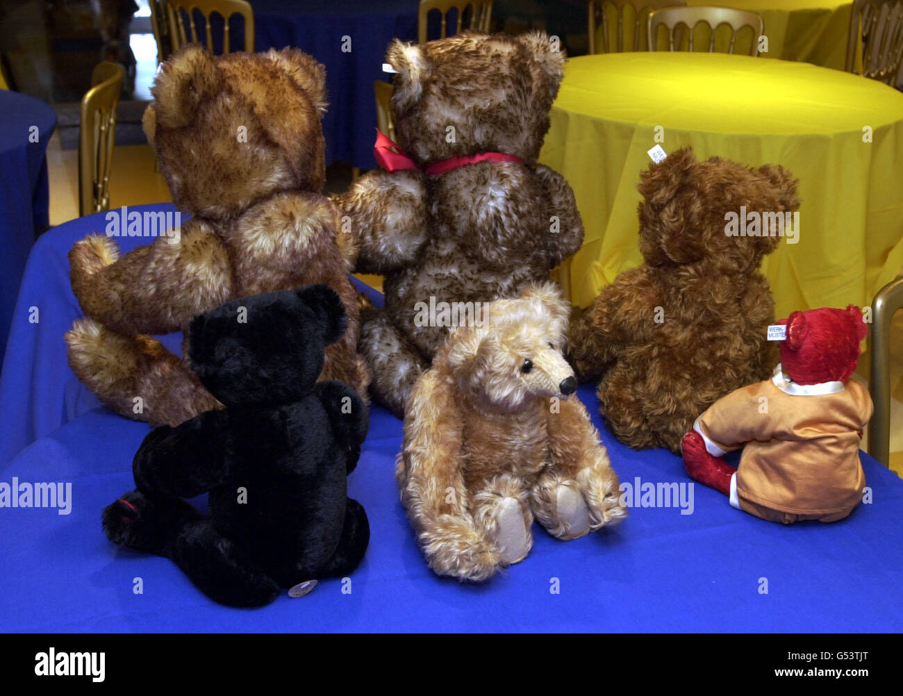 Der älteste Teddybär der Welt, ein Steiff PB28 (Mitte) aus dem Jahr 1904.  Der antike Teddy ist im Hamleys Toy Shop in London zu sehen, begleitet von  seinem jüngeren Bruder, einem Prototyp