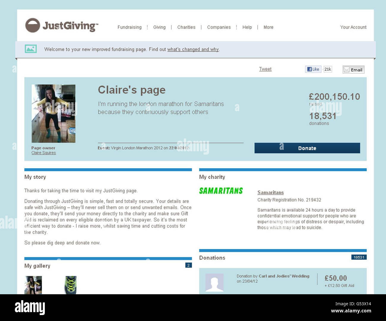 Bildschirmabzug von der JustGiving Charity-Website für Claire Squires, 30, die zusammenbrach und während des gestrigen London-Marathons starb, der heute Abend die &pound;200,000-Marke überschritten hat. Stockfoto