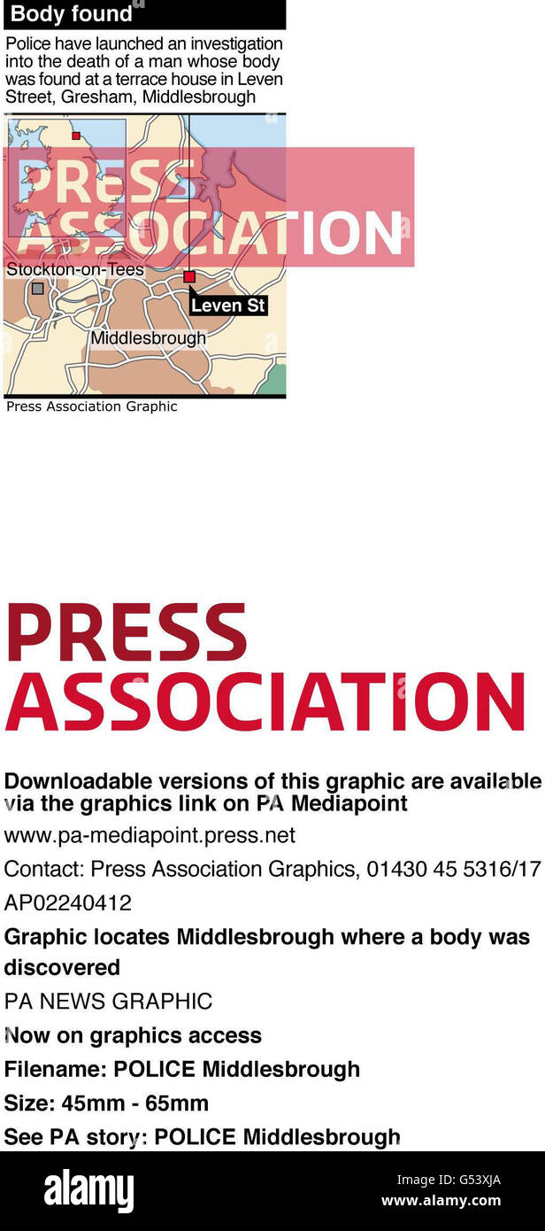 POLICE Middlesbrough. Die Grafik lokalisiert Middlesbrough, wo ein Körper entdeckt wurde Stockfoto