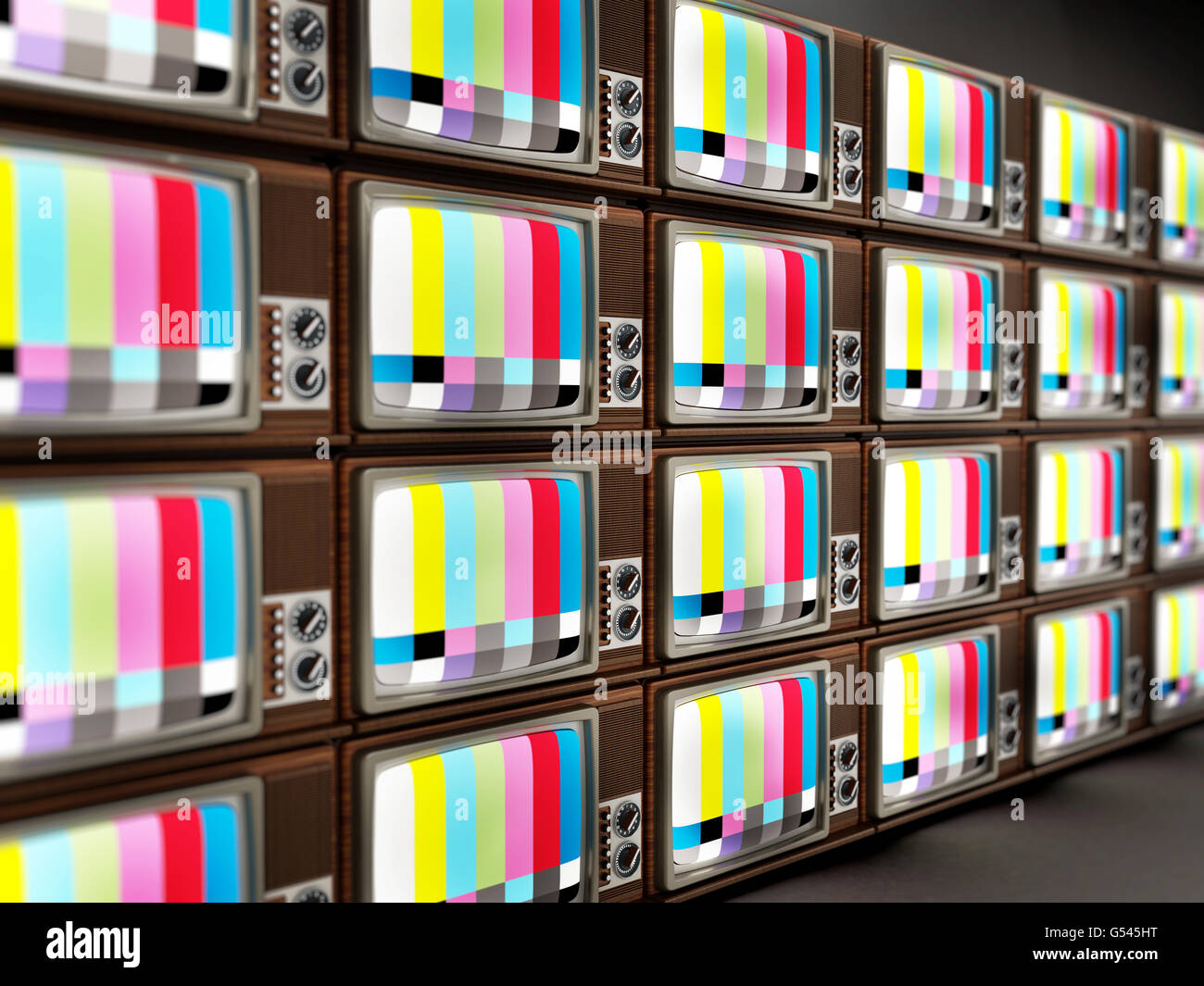 Alte analoge Fernsehen mit Test-Bildschirme-Stack. 3D Illustration. Stockfoto