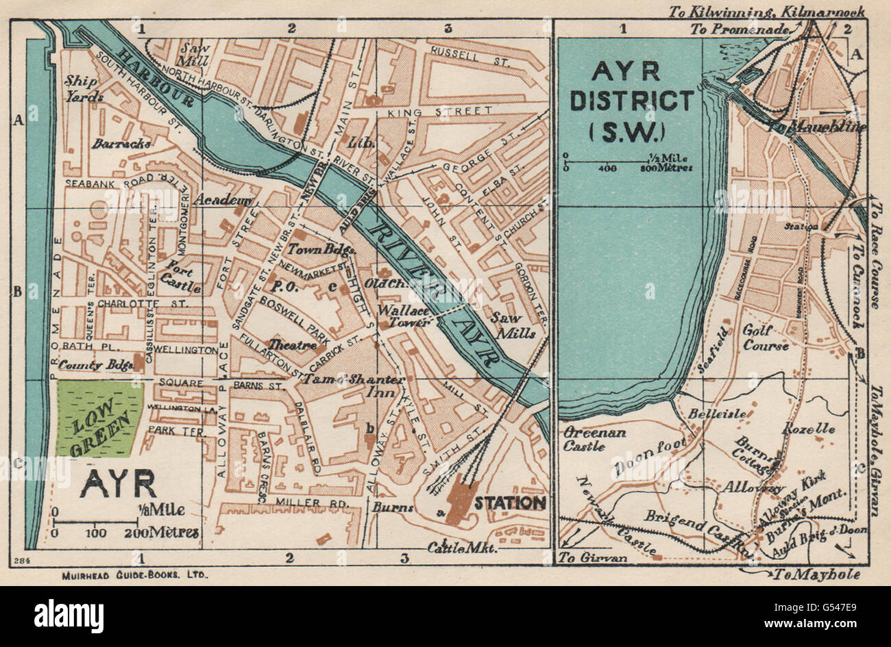 AYR & BEZIRK. Karte Stadtplan Vintage Stadt. Schottland, 1932 Stockfoto