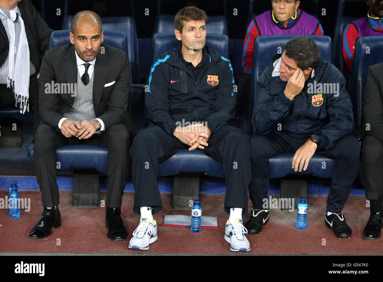 L-R: Barcelona-Manager Josep Guardiola, Assistant Manager Tito Vilanova und Torwarttrainer Carles Busquets Stockfoto
