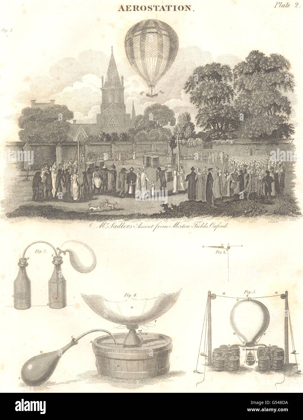 Luftfahrt: Ballonfahrt. Sadler es Aufstieg Heißluftballon Merton Felder Oxford 1830 Stockfoto