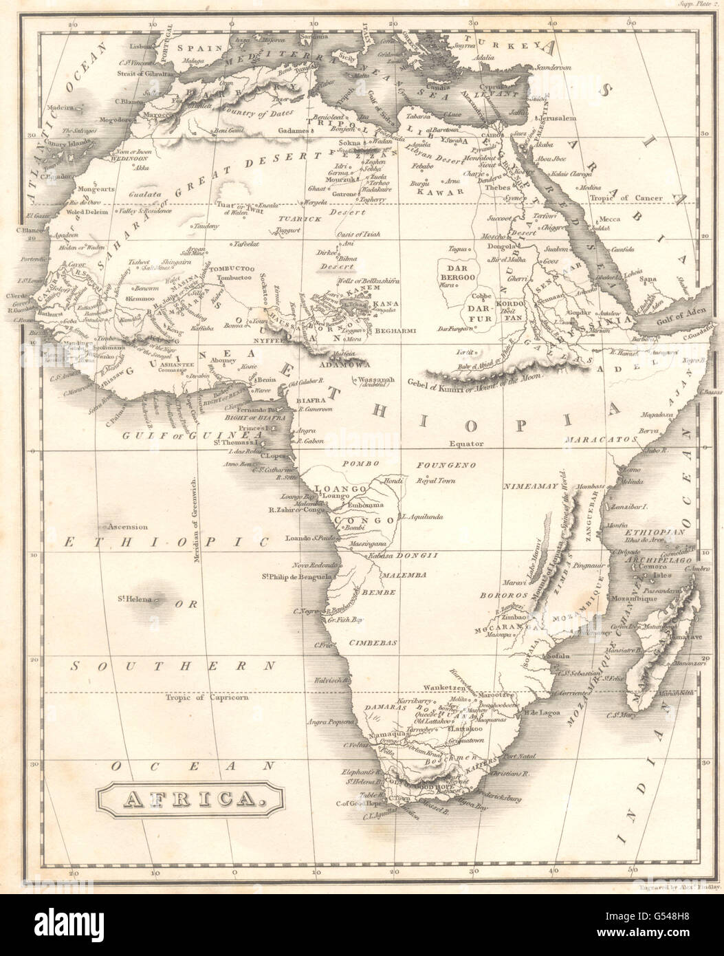 Afrika: Frühe 19C-Karte. Zeigt Stämme & fiktive Berge von Kong, 1830 Stockfoto