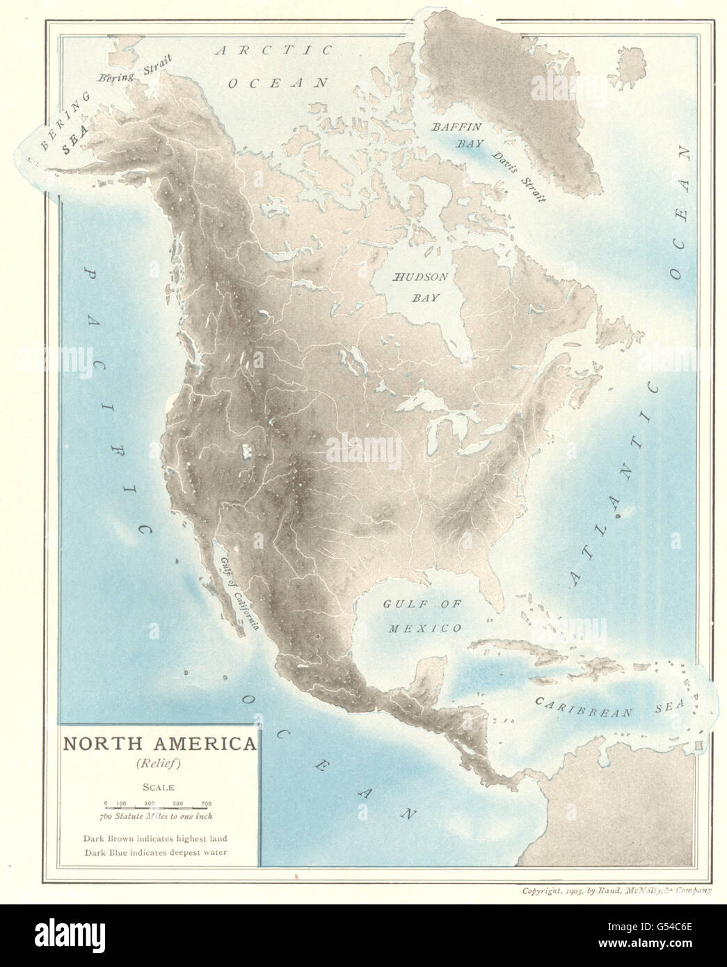 Nordamerika (Relief). Berge. Flüsse, 1907 Antike Landkarte Stockfoto