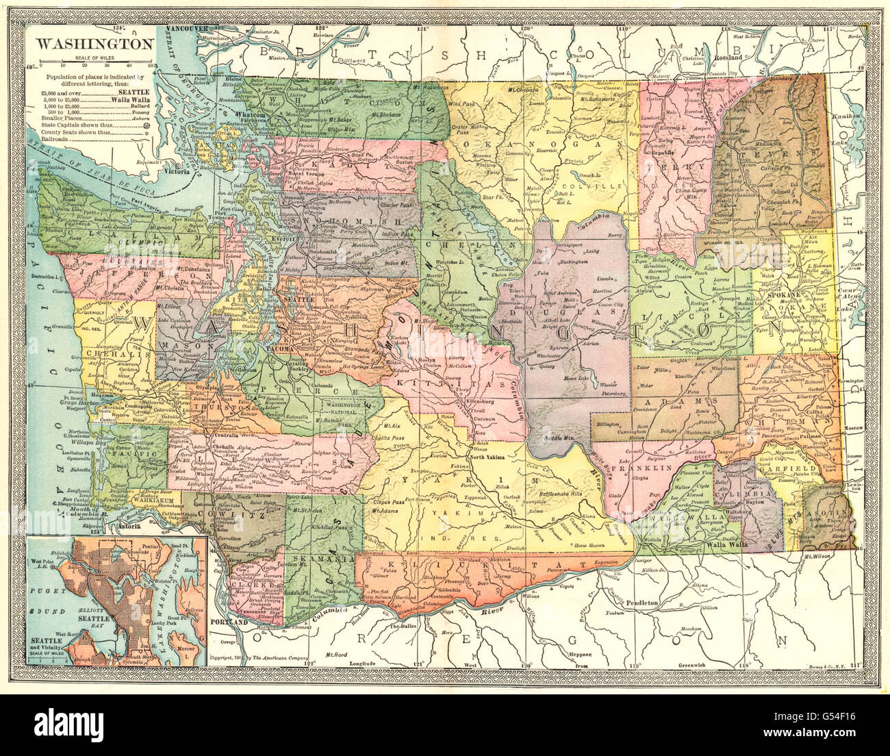 WASHINGTON State Karte. Grafschaften. Seattle Umgebung, 1907 Stockfoto
