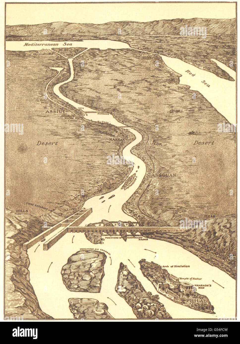 Ägypten: Assuan-Staudamm; Aus der Vogelperspektive Struktur & umgebenden Region Nil, 1907 Stockfoto