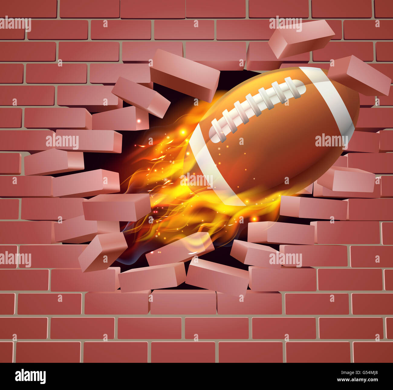 Ein Beispiel für einen brennenden flammenden American Football Ball auf Feuer reißen ein Loch durch die Wand Stockfoto