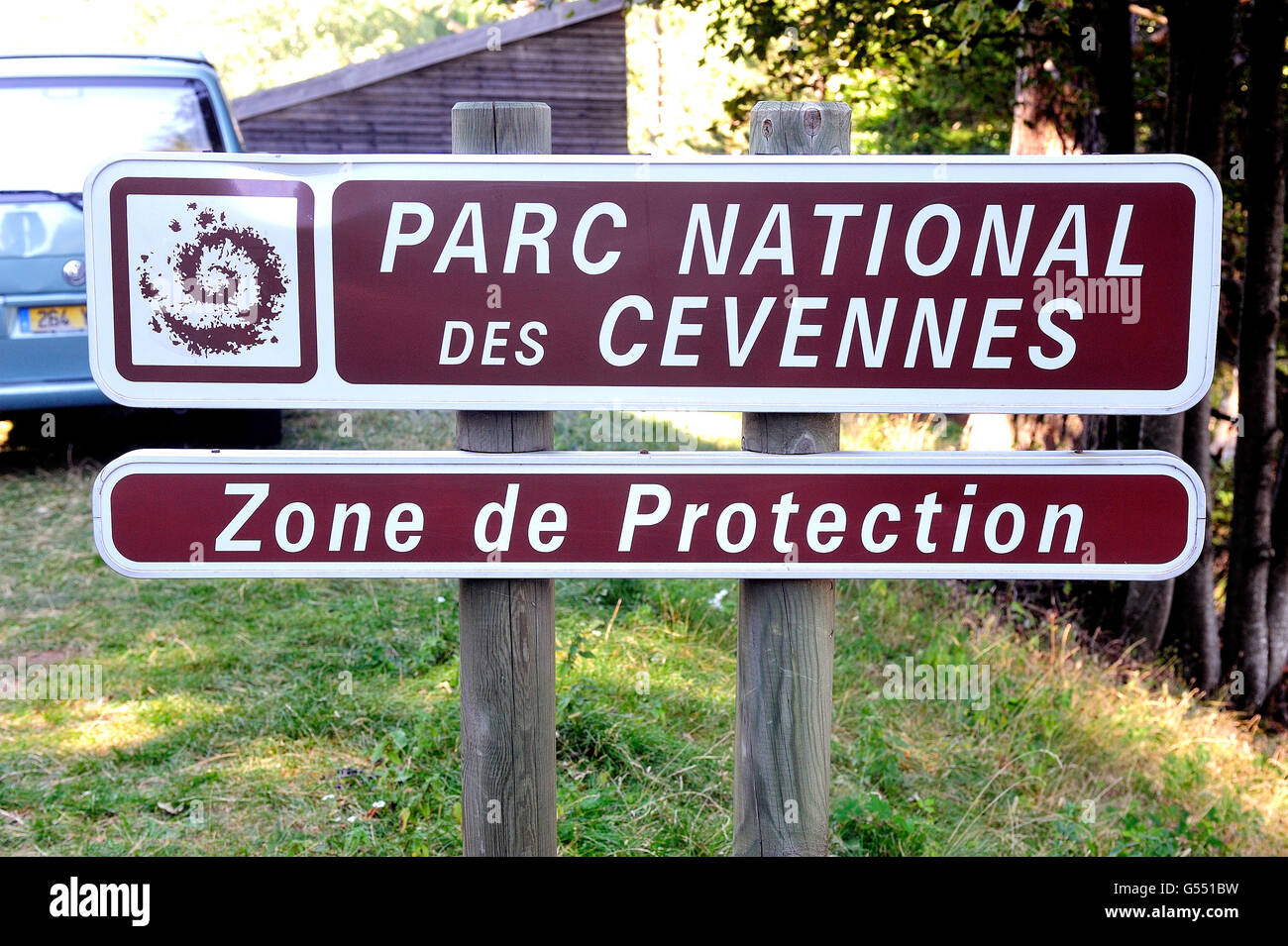 Panel zur Abgrenzung der Schutzzone des Nationalparks der Cevennen. Stockfoto