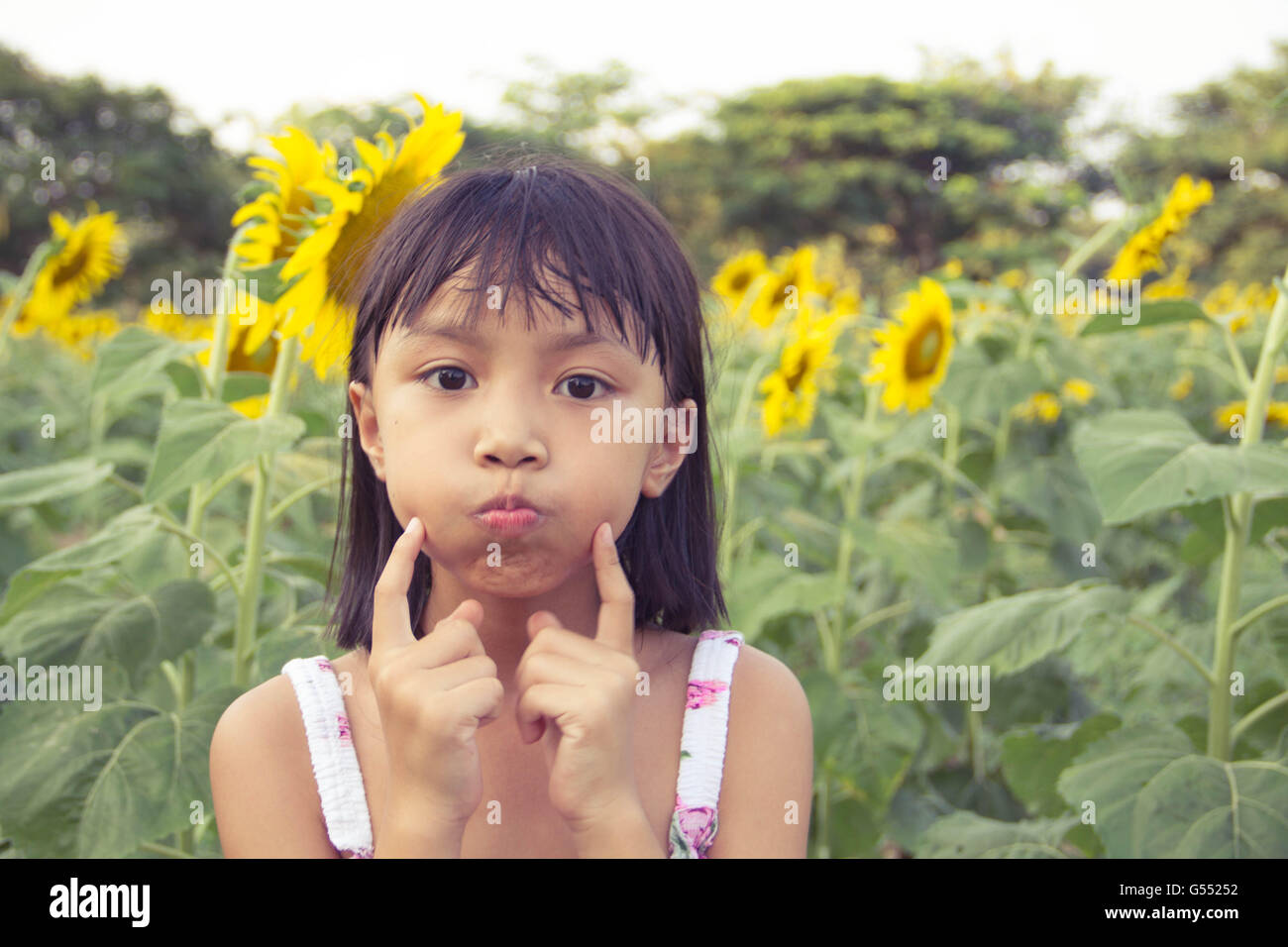 Schöne Mädchen und Sonnenblume - Vintage-Filter-Effekt Stockfoto