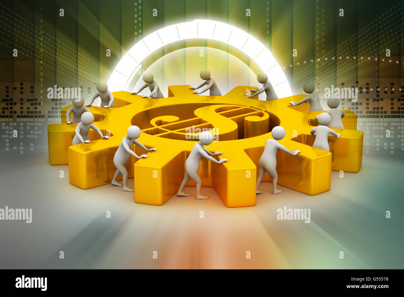 3D Menschen schieben Sie das Dollar-Rad Stockfoto