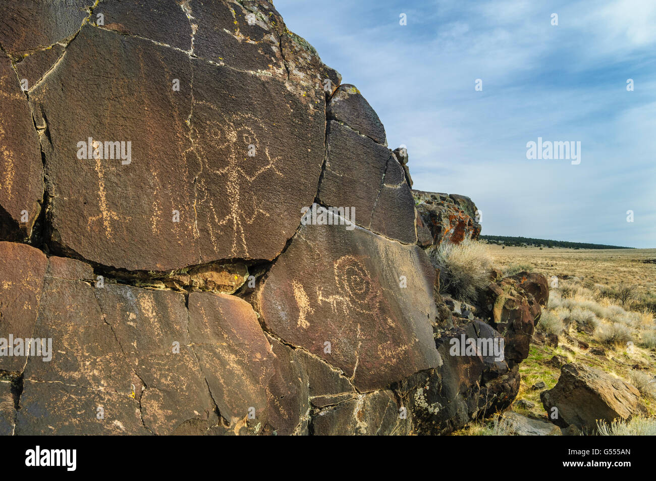 Native American Piktogramm Felszeichnungen an Petroglyph See, Hart Mountain National Antelope Refuge, südöstlichen Oregon. Stockfoto