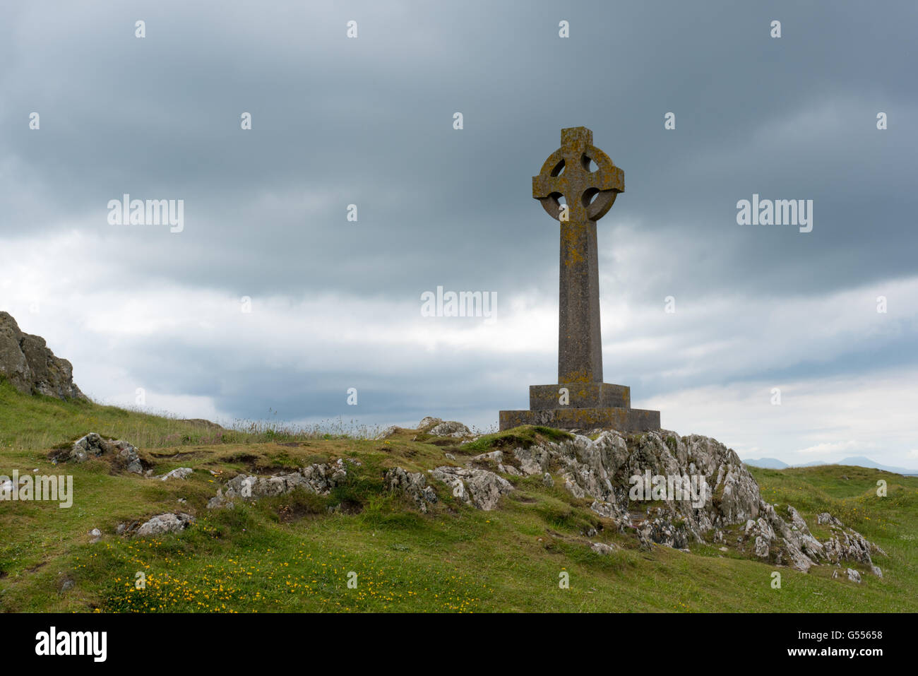 Keltenkreuz auf LLanddwyn Island Stockfoto