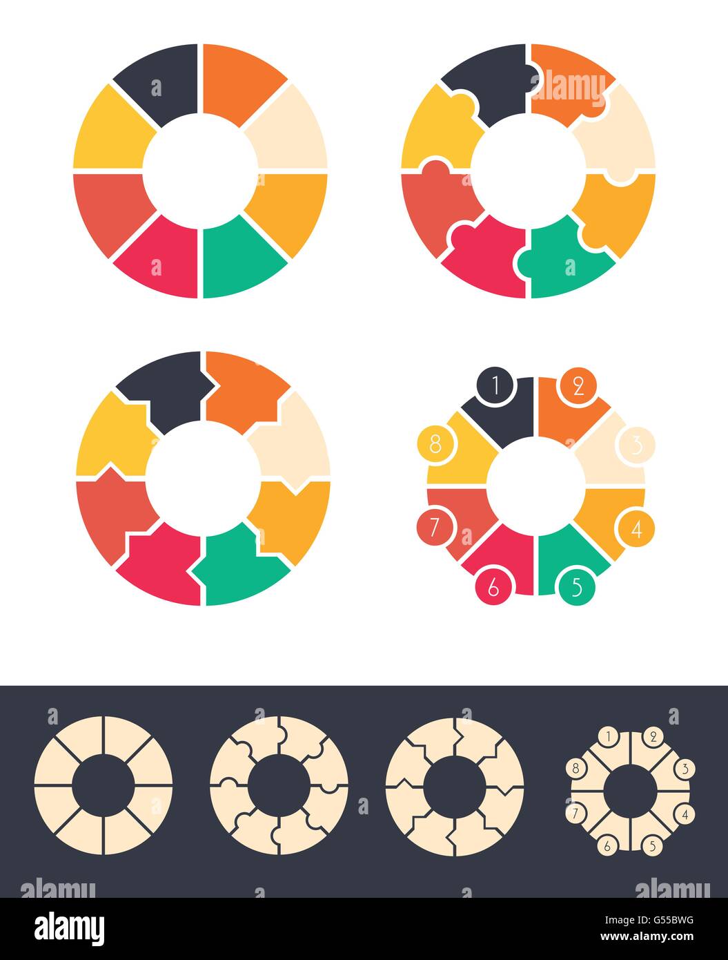 8 Schritte Zyklen Kreise für Infografik setzen farbige und Monocolor-Vektor-Design-illustration Stock Vektor