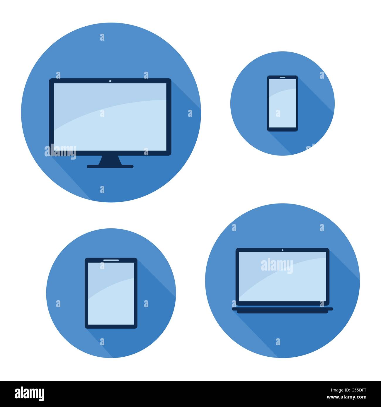 Monitor Tablet Laptop blau lange Schatten Telefonsymbol setzen moderne Vektor-illustration Stock Vektor