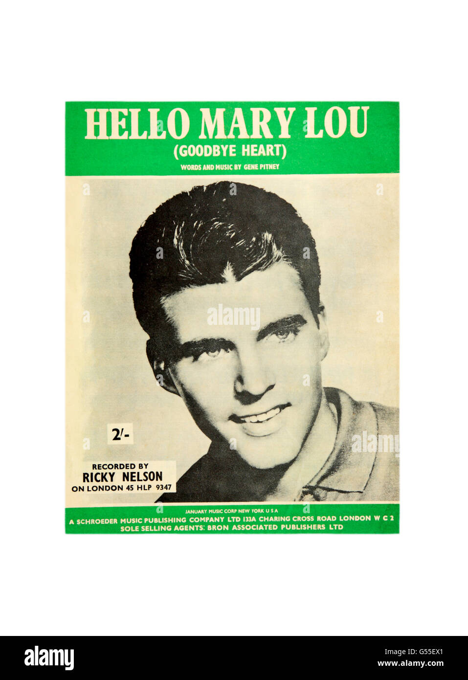 Eine Noten-Abdeckung für Hello Mary Lou von Ricky Nelson. Stockfoto