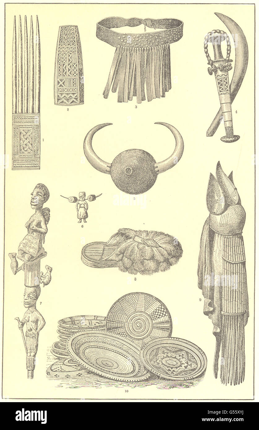 Afrikanische Kunst: Hornkamm; Gürtel; Kopf Ornament; Fetisch; Sandale;-Kleid; Korbwaren, 1907 Stockfoto