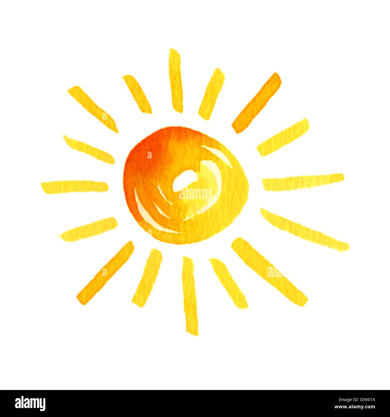 Aquarell der Sonne auf weißem Grund Stockfoto