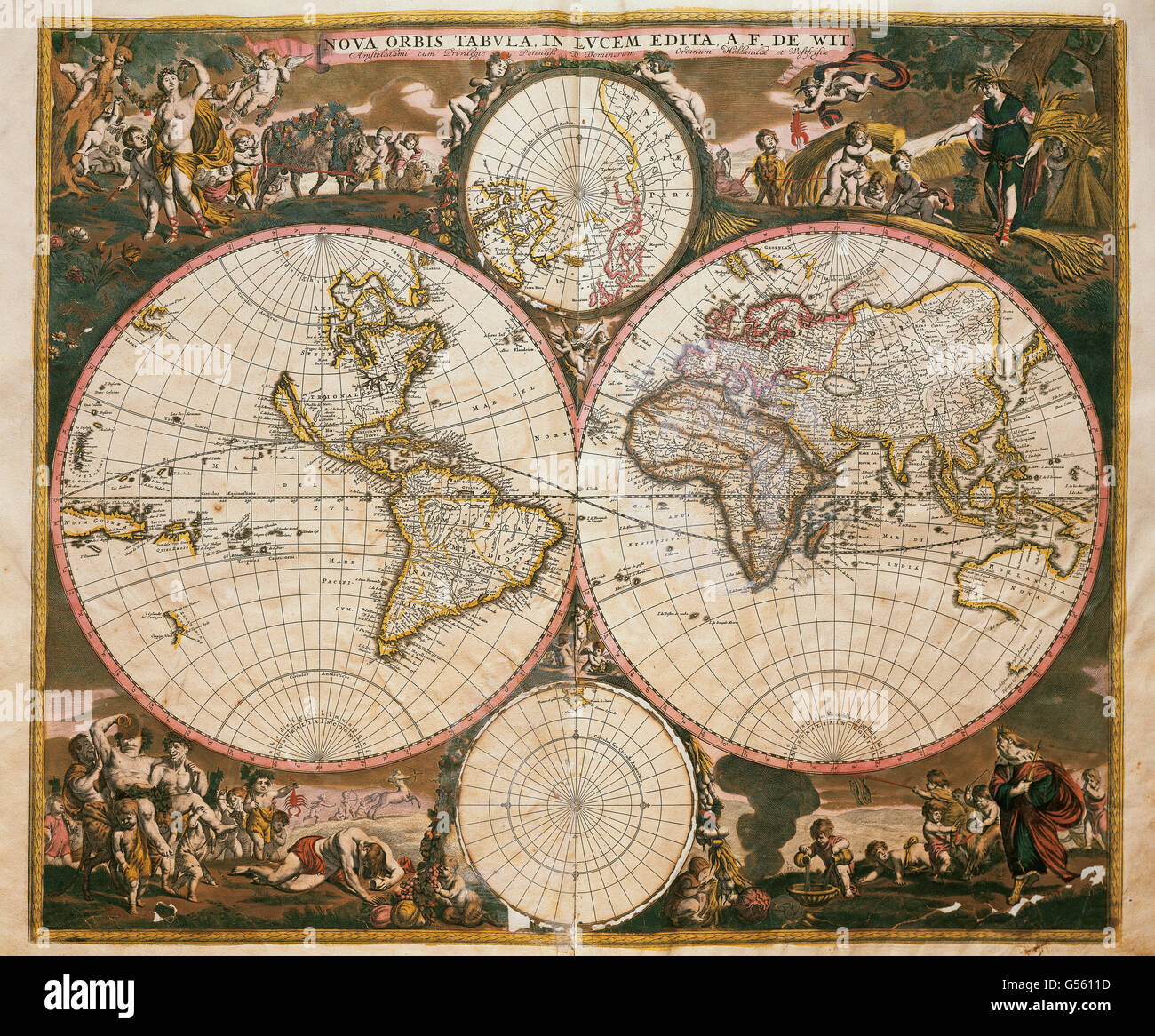 Nova Orbis Tabula in Lucem Edita (ca. 1665). Weltkarte von Frederick de Wit (1630-1706), niederländischer Mathematiker und Kartograph. Amsterdam, 17. Jahrhundert. Stockfoto