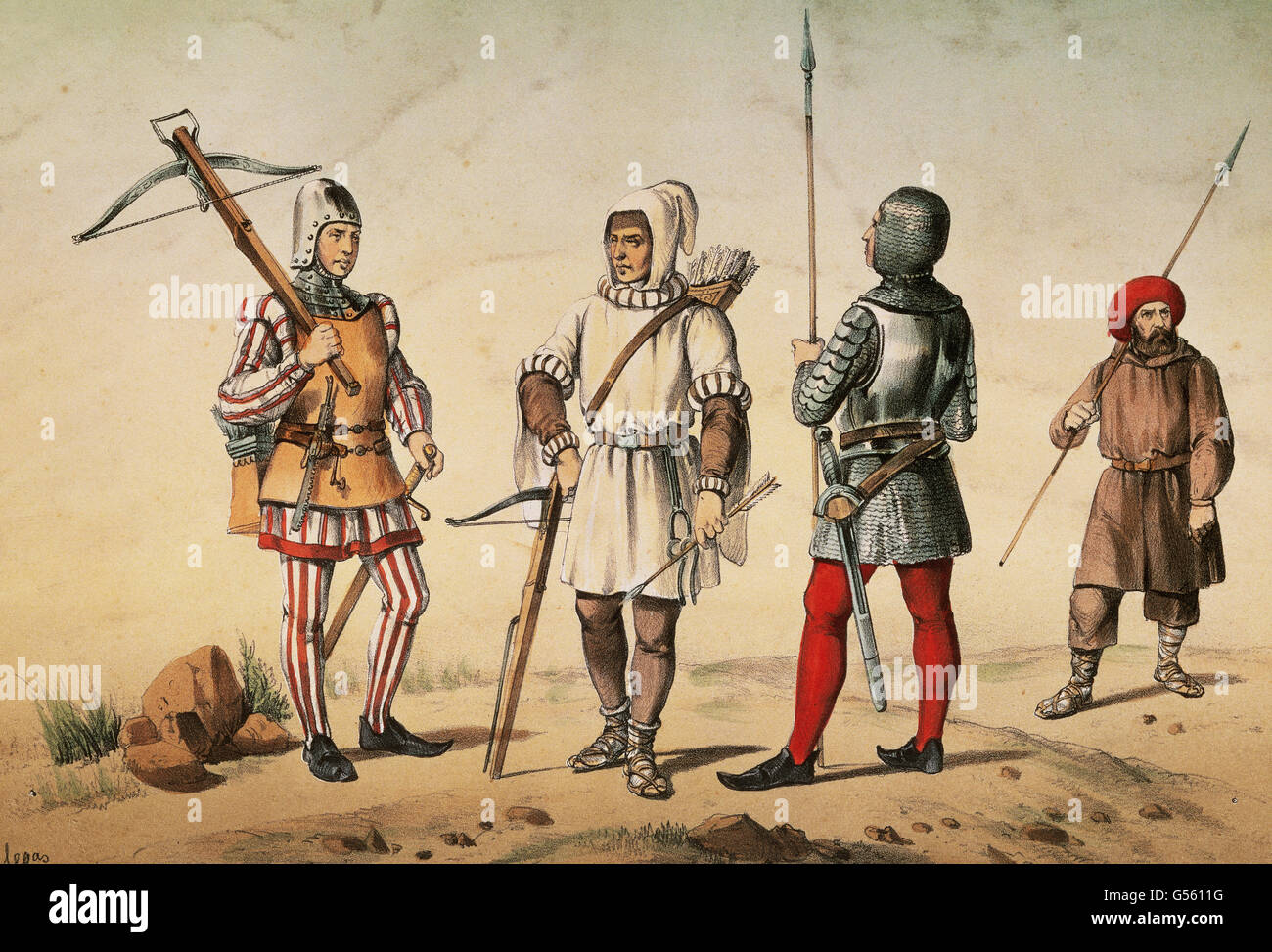Spanische Krieger. Im Mittelalter. 15. Jahrhundert. Bewaffneten Gefolge die Armbrustschützen von Stadt und Bergen von Leon und bewaffneten Gefolge Lanzenreiter der Stadt und dem Baskenland. Aquatinta von Villegas. Stockfoto