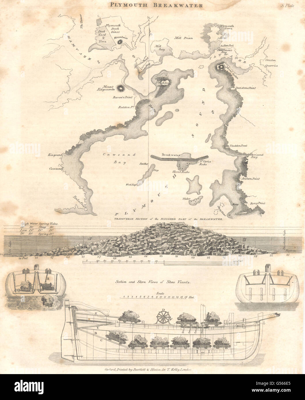 DEVON: Plymouth Wellenbrecher. Querschnitt. Stein-Schiffe, alten Drucken 1830 Stockfoto