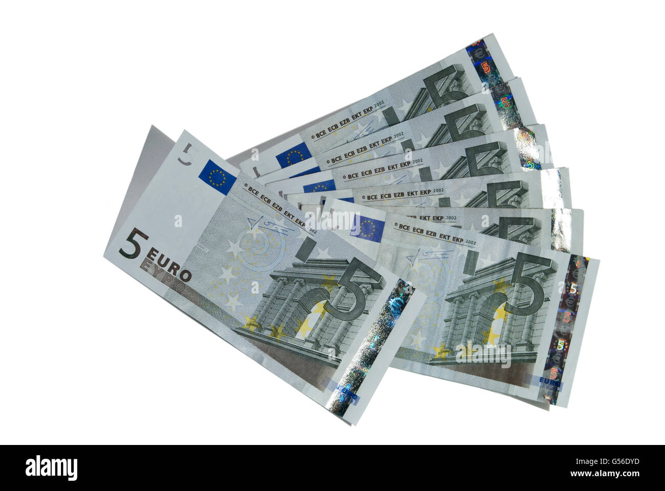 Fünf Euro-Banknoten, Billetes de Cinco Euro Stockfoto