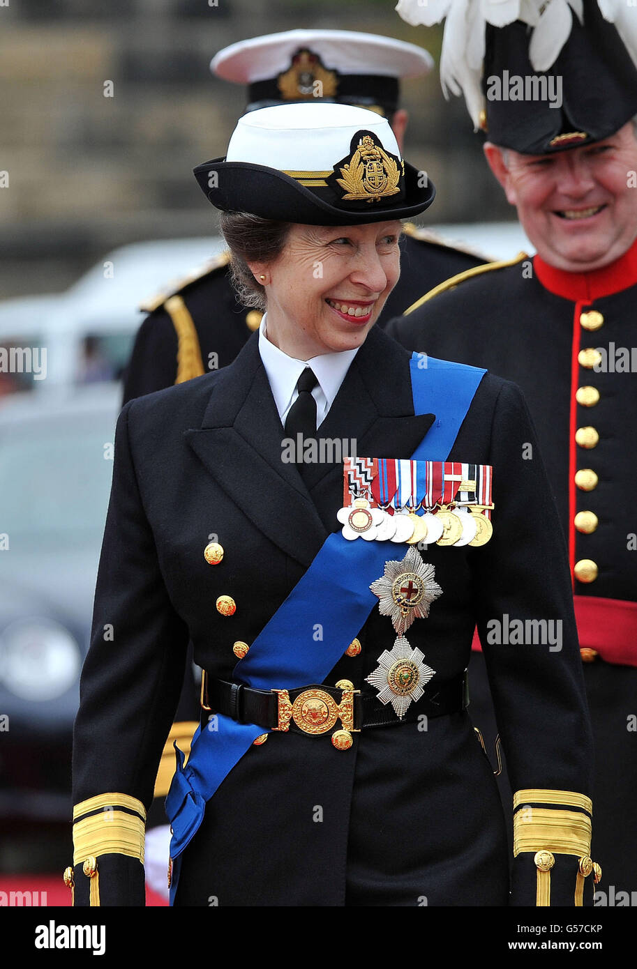 Prinzessin Anne, Prinzessin Royal kommt am Chelsea Pier während des Diamond Jubilee River Pageant auf der Themse in London an. Stockfoto