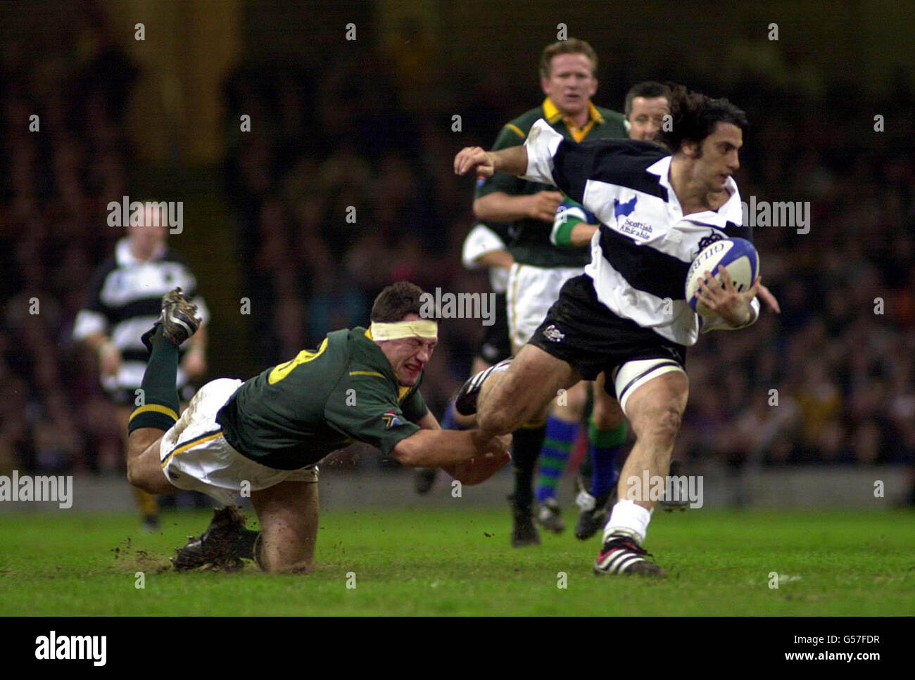 Der Barbaren Agustin Pichot durchbricht die südafrikanische Verteidigung, um beim traditionellen End-of-Tour-Spiel im Millennium Stadium in Cardiff zu Punkten. Stockfoto