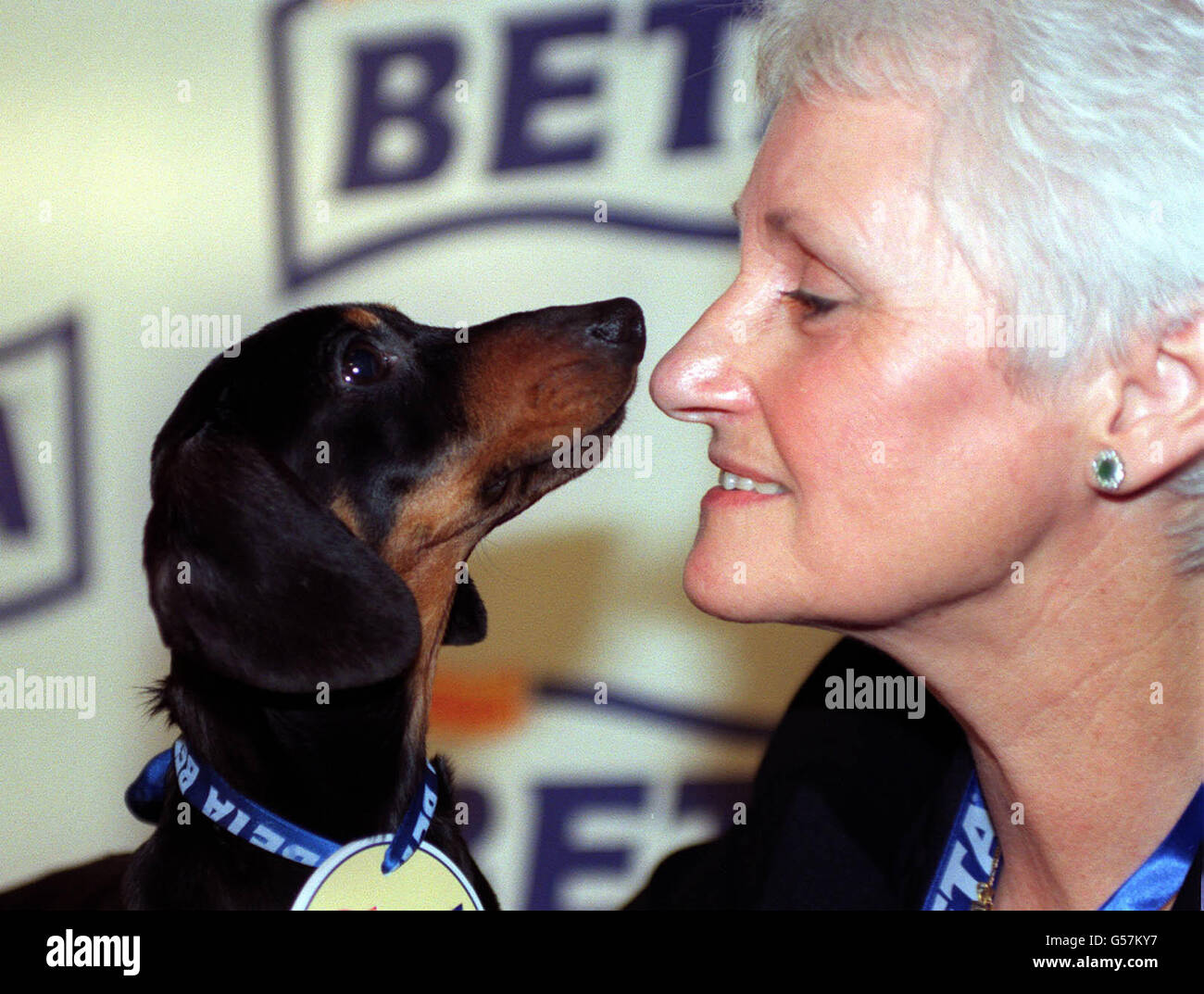 Lovine Coxon aus Newcastle mit ihrem glatten Miniaturdackel Stanley, nachdem er den BETA/Dog World Pup of the Year in der Whitbread Brewery in London gewonnen hatte. Der Welpen des Jahres ist jetzt in seinem 29. Jahr. Stockfoto