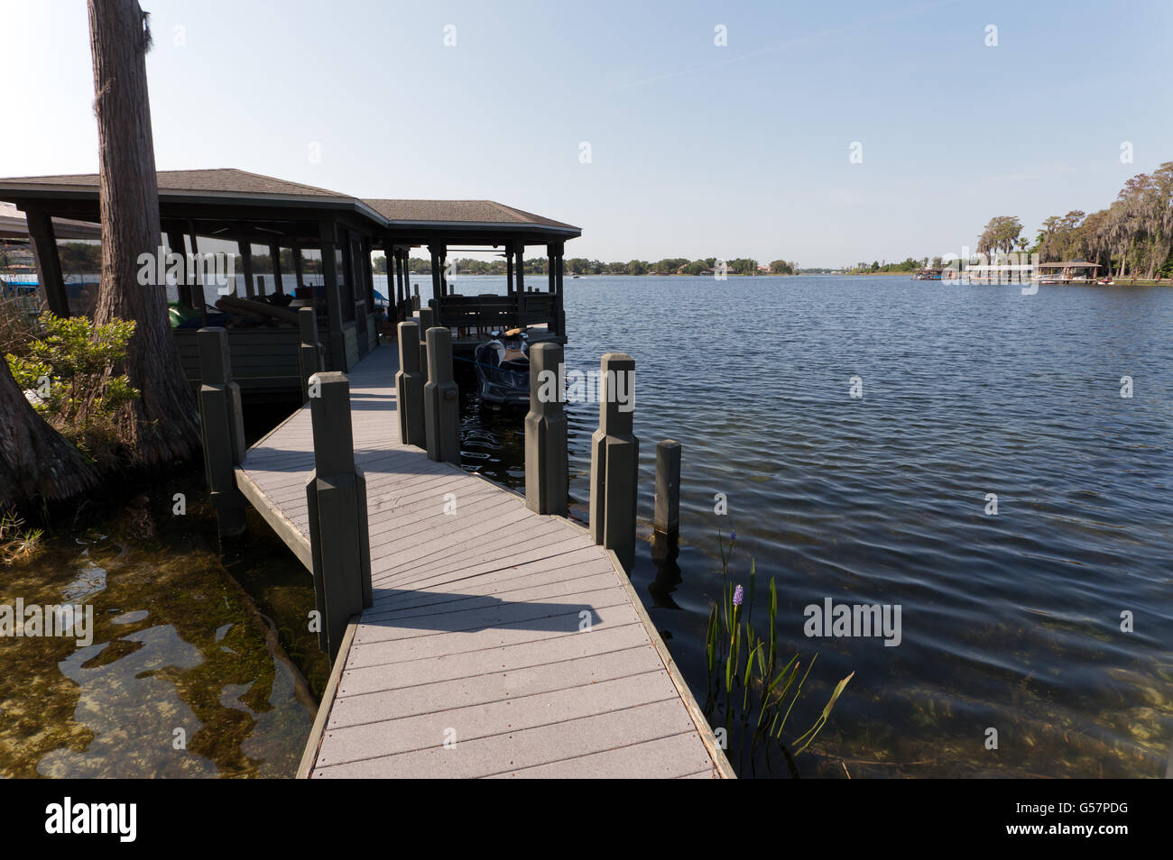 Blick nach unten eine private Anlegestelle für ein Bootshaus am See Butler, Windermere, Orange County, Florida, Stockfoto