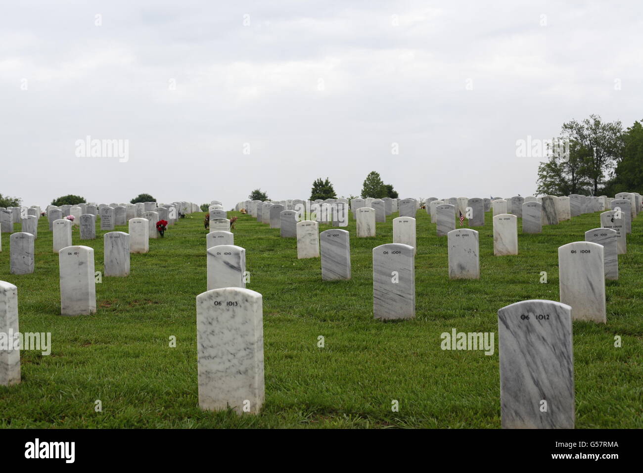Friedhof Grabstein in der grünen Wiese mit grauen Himmel Stockfoto
