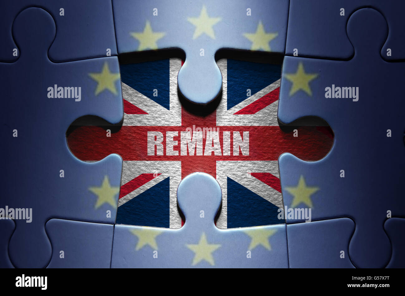 Fehlendes Stück aus einer europäischen Jigsaw puzzle enthüllt britische Flagge und bleiben Stockfoto