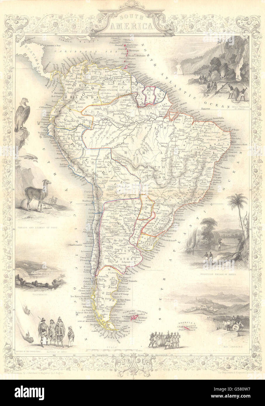 Südamerika: Tallis. Dekorative. Vignetten. Originalfarbe Umriss, 1853-Karte Stockfoto
