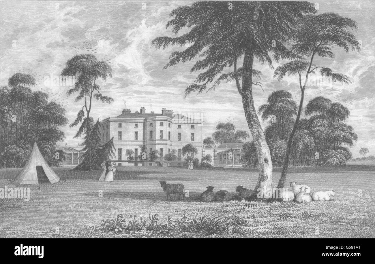 LANCASHIRE: Lancs: Roby Hall. Lancashire. Vordergrund der Schafe. (Pyne), 1831 zu drucken Stockfoto