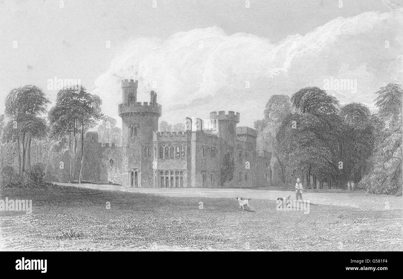 LANCASHIRE: Lancs: Childwall Abbey. Mann mit Gewehr. Hunde. (Pyne), alten Drucken 1831 Stockfoto