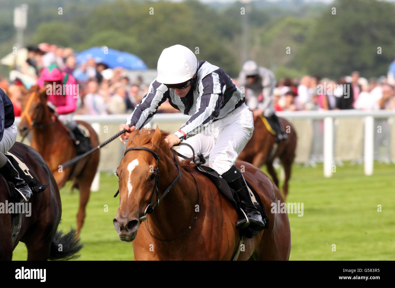 Pferderennen - The Royal Ascot Meeting 2012 - Tag Zwei - Ascot Racecourse. Duttle (Mitte) gewinnt die Sandringham Handicap Stakes am zweiten Tag des Royal Ascot Meetings 2012 auf der Ascot Racecourse, Berkshire. Stockfoto