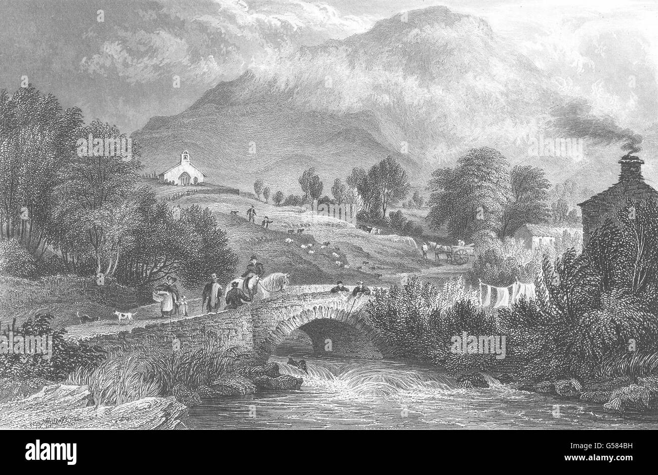 CUMBRIA: Mühle Beck und Buttermere Kapelle. Cumberland (Allom), alten Drucken 1832 Stockfoto
