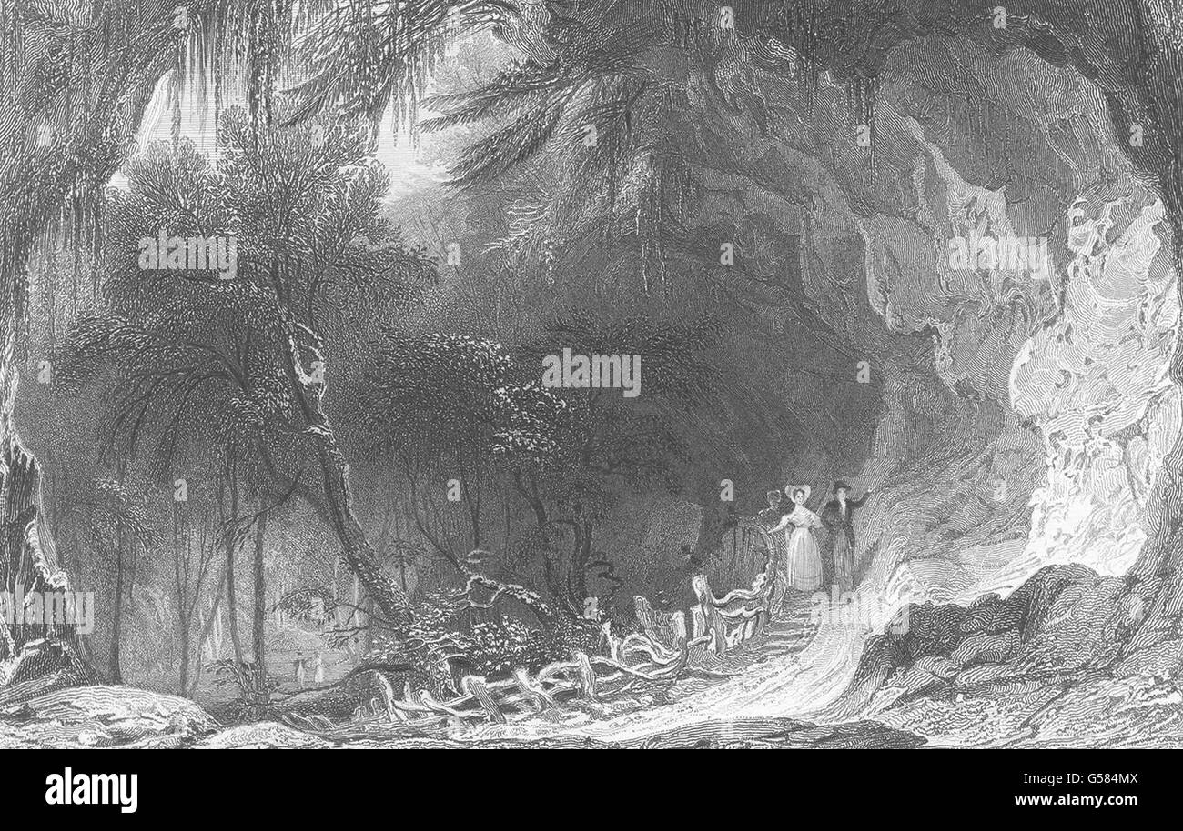 DURHAM: Die Grotte. Im Schloss Eden Dene. Paar zu Fuß. (Allom), gedruckt 1832 Stockfoto