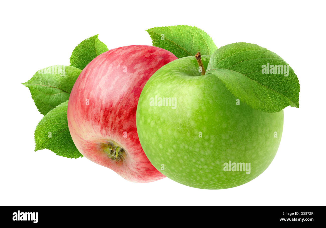 Zwei Äpfel isoliert. Roten und grünen Apfel Obst isoliert auf weißem Hintergrund mit Beschneidungspfad Stockfoto