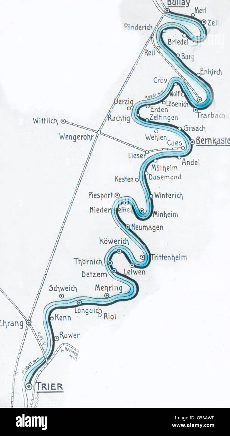 Karte des Moseltals. Europa, Deutschland, Mosel, Fluss, Bereich, Bezirk