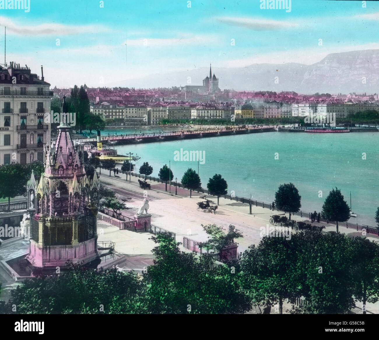 Zum Ausgangspunkt Unseres Besuches der Montblanc-Kette Wählen Wir Genf, Das bin Ausfluß der Dem Genfer See Mit Reißender Pendelzuges Entströmenden Blauen Rhone Liegt. Ein Beiden Ufern von Fluß Und siehe Dehnen Sich die Häusermassen der Volkreichen Stadt aus, von Deren Reichtum sterben Großen bleibt Hauptcampus Und Prachtvollen Läden Zeugnis Geben. Vom Hauptbahnhof Führt sterben Sehr Legible Rue du Montblanc Nach Dem sehen in Ihrer Balltyp Überschreitet der Mächtige Pont du Montblnac Den Sie in der Mitte Artikelwort Ansicht Erkennen, Rhone Bei Dachmarke Ausflusse sterben. Großartige Hotels Bauen Sich eine Höhle b Stockfoto