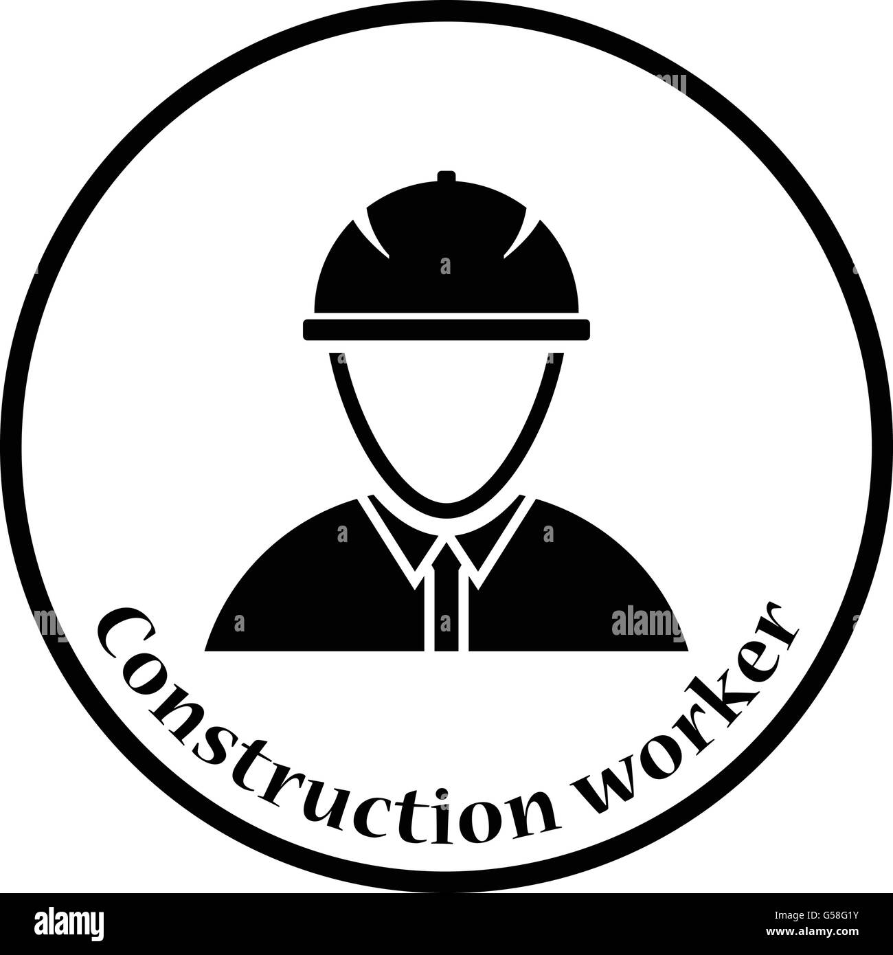 Ikone der Bau Arbeiter Kopf im Helm. Dünnen Kreis Design. Vektor-Illustration. Stock Vektor