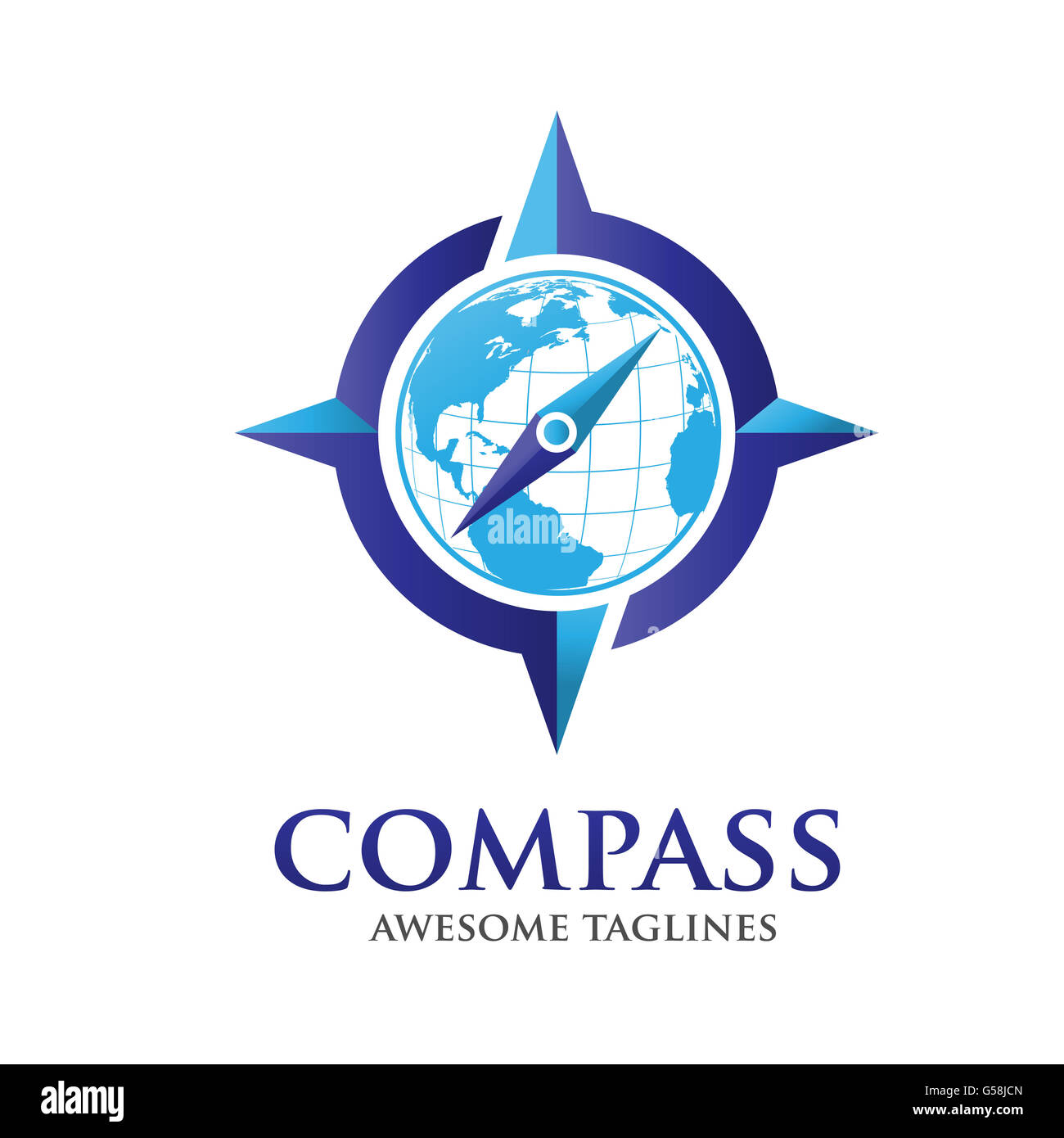 Kompass und Globus Hintergrund Vektor Logo Vorlage. Modernes Konzept für Reisen, Tourismus, Stockfoto