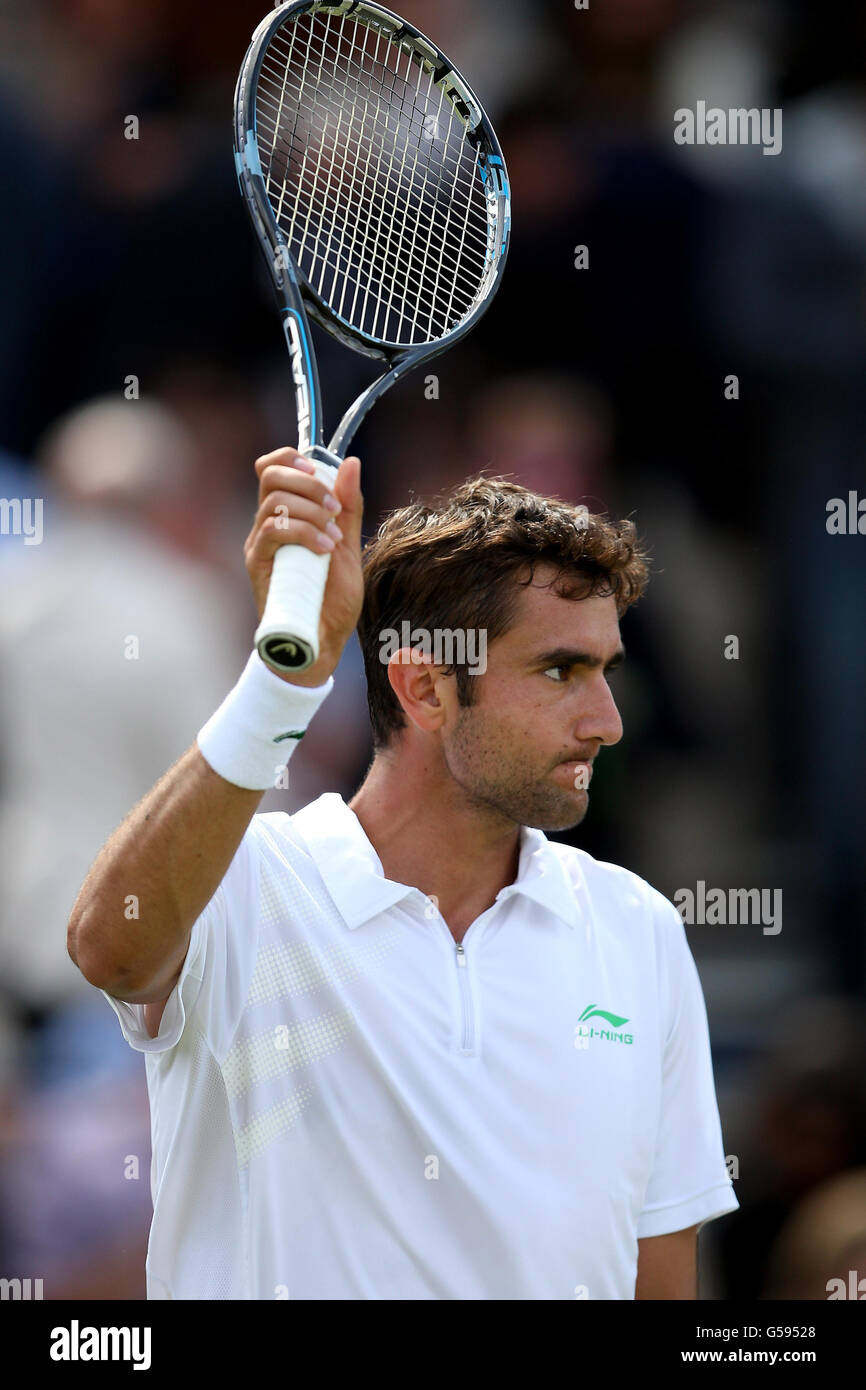 Der Kroatische Marin Cilic feiert den Sieg gegen den US-Amerikaner Sam Querrey am sechsten Tag der AEGON Championships im Queen's Club in London. Stockfoto